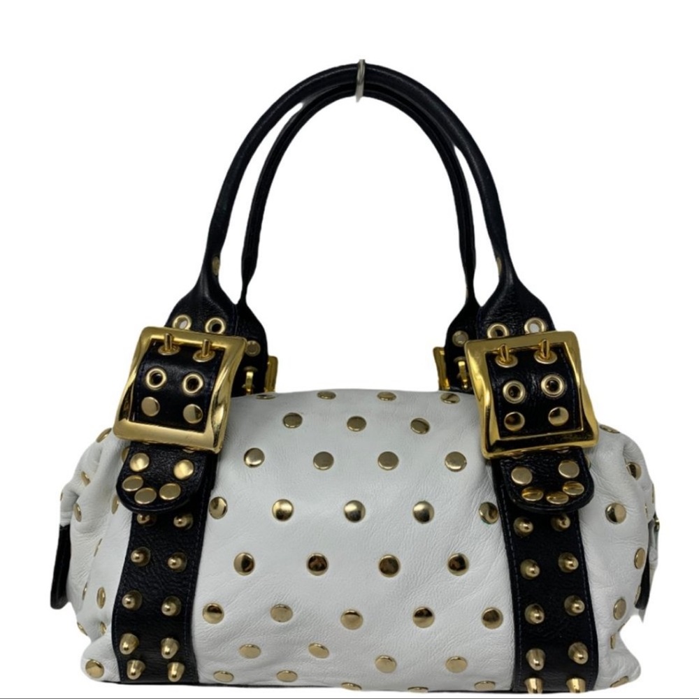 BE & D Small Garbo Satchel Soft Leather White Black Gold Tone Studded Buckle Bag